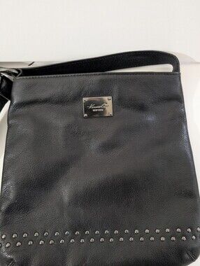 Kenneth Cole Black Leather Studded Cross Body Bag with Metal Logo Plate